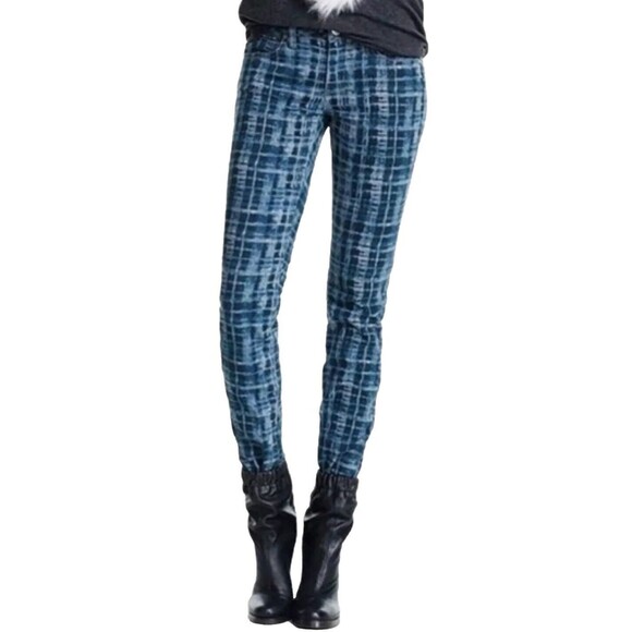 Cabi Grid Skinny Jeans #3047 Stretch Blue Tie Dye Plaid Denim Pant Womens 2 Boho - Picture 1 of 11